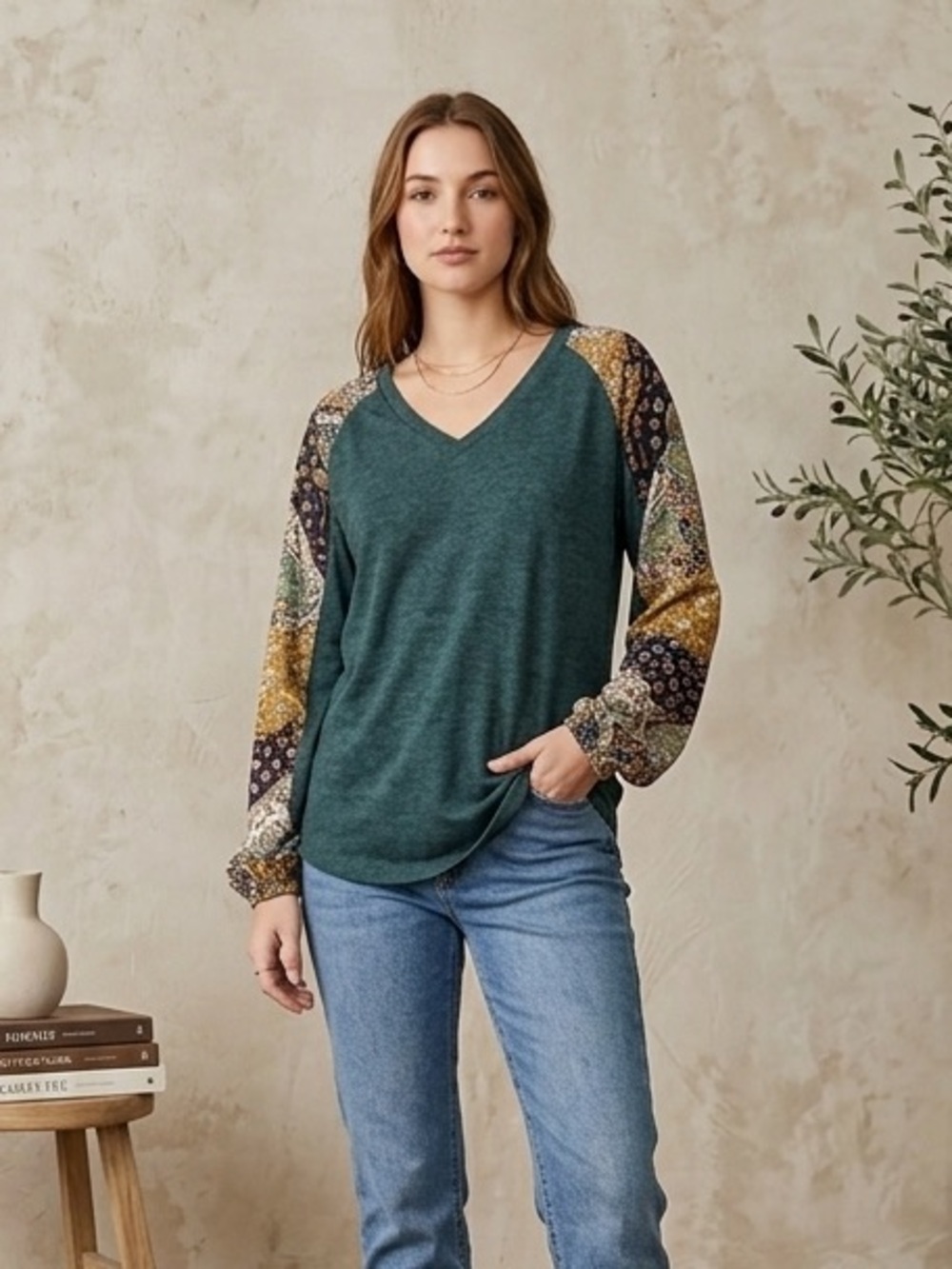 Beyove Boho Paisley Sleeve Top Women's Teal V Neck Flowy Artsy Patchwork Blouse‎